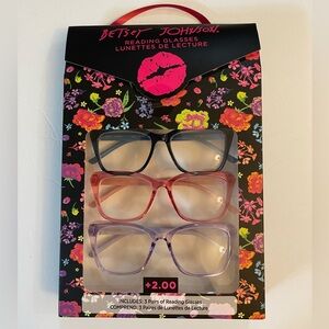 Betsey Johnson Designer 3 Pairs Of Fashion Reading Glasses +2.00 New